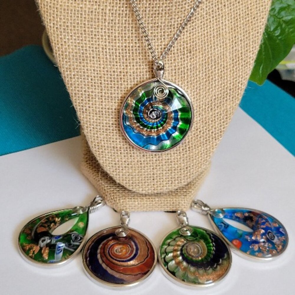 Silver, Turquoise, Green, Blue, Gold Swirls Glass Pendant Necklaces